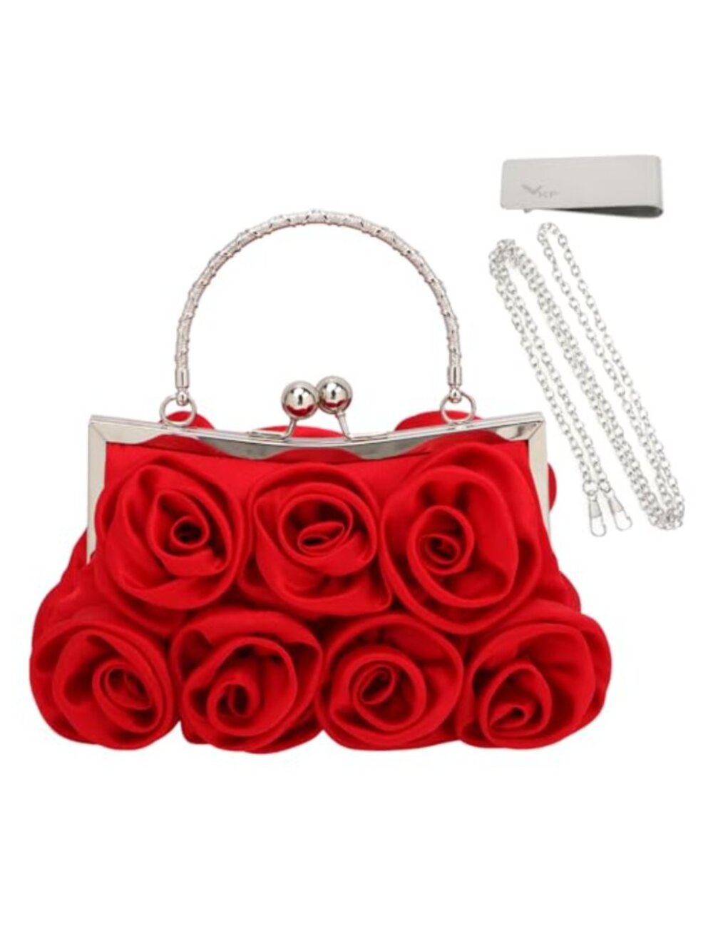Satin Rose Clutch Evening Purse Detachable Strap Money Clip